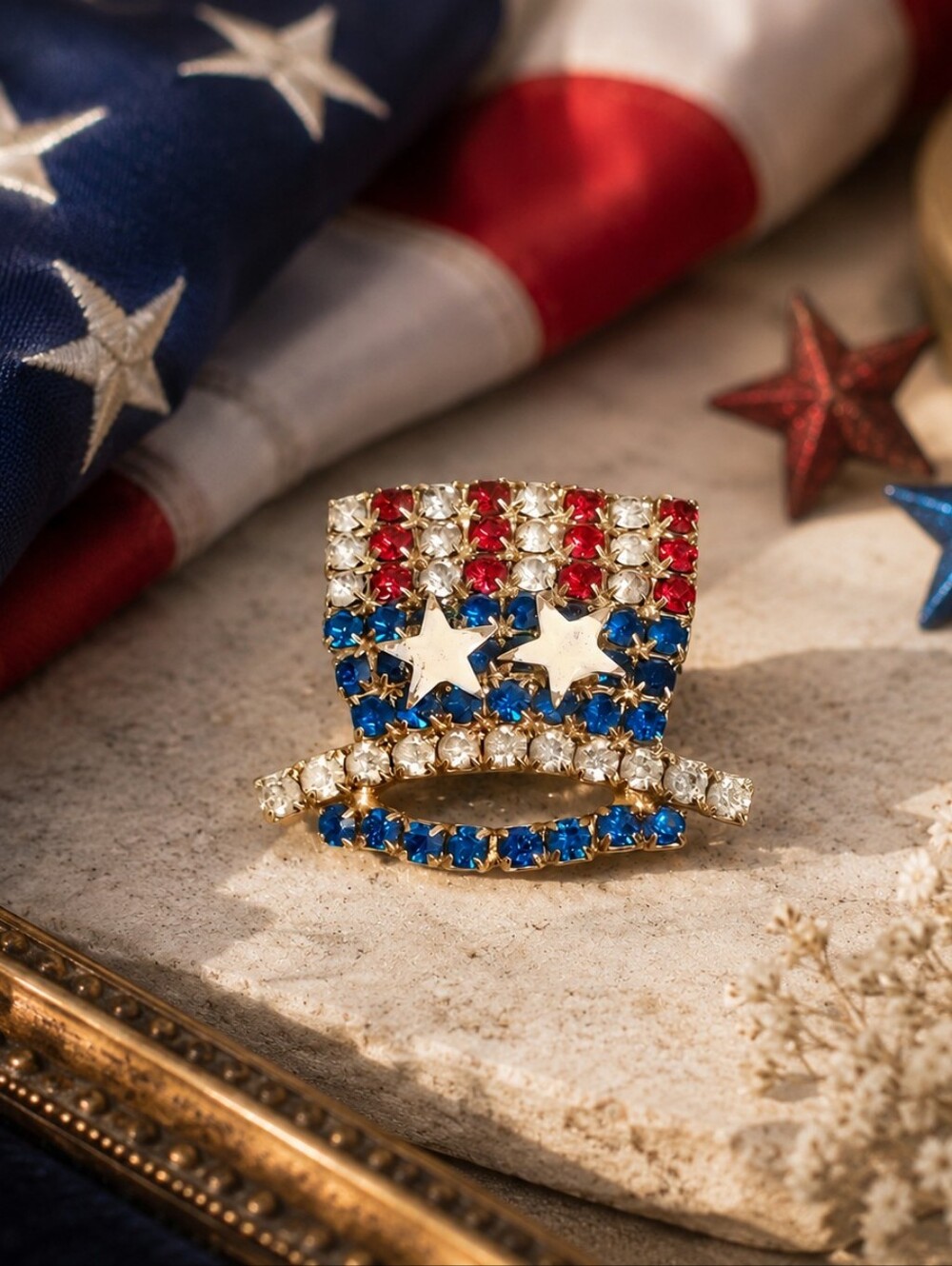 Vintage Uncle Sam Rhinestone Hat Patriotic Brooch Pin Stars WWII Sweetheart